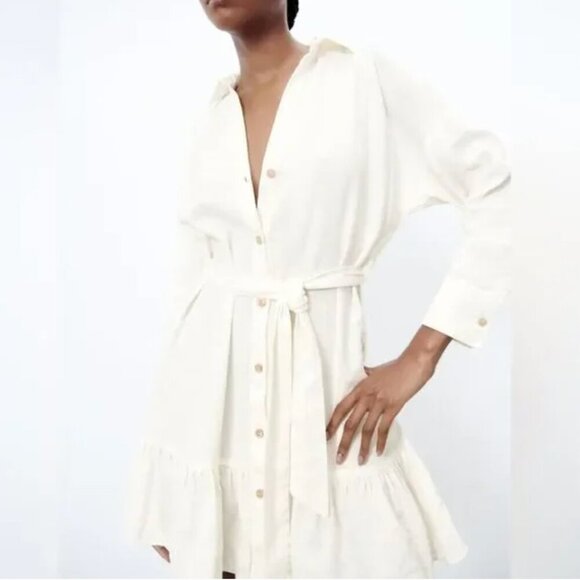 Zara Dresses & Skirts - Zara Linen Blend Ruffle Hem Long Sleeve Belted Shirt Dress Ecru